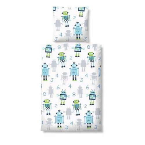 biberna soft seersucker bedding 2-piece children ice blue robot 100x135 40x60