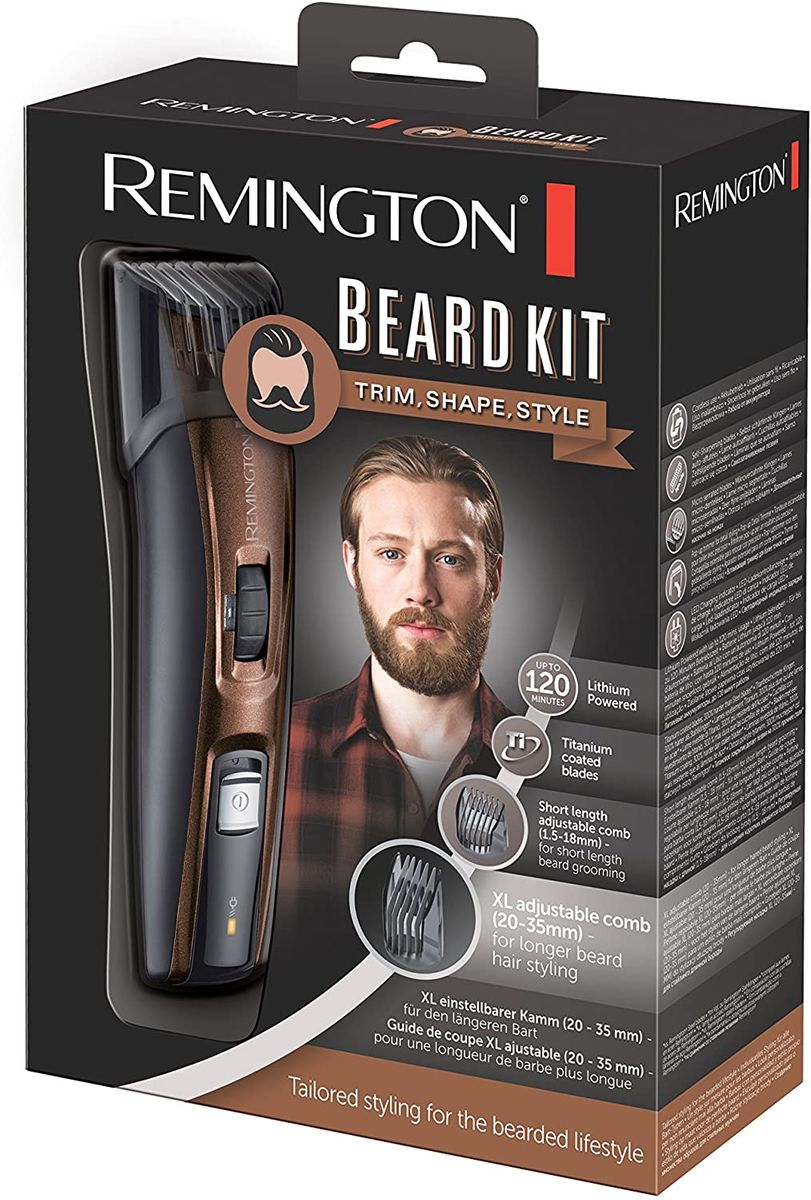 Remington beard trimmer men set (incl. XL comb for full beard), 3 attachment combs (stubble, short & XL comb), titanium coated self-sharpening blades, hair clipper, beard trimmer MB4046