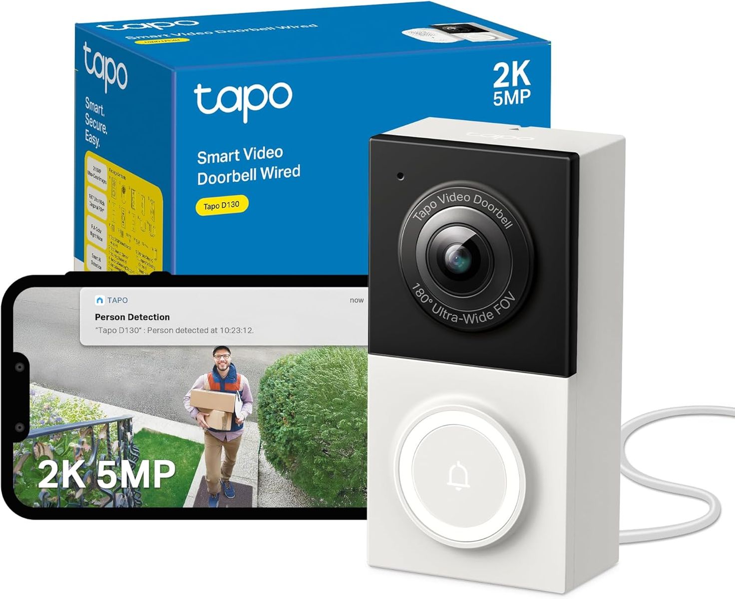 TP-Link Tapo D130 Video-Türklingel, kabelgebunden, 2K 5MP, KI-Erkennung, 180°-Ansicht von Kopf bis Fuß, keine monatlichen Gebühren, 2-Wege-Audio, IP65 Farbnachtsicht, V1.0 US