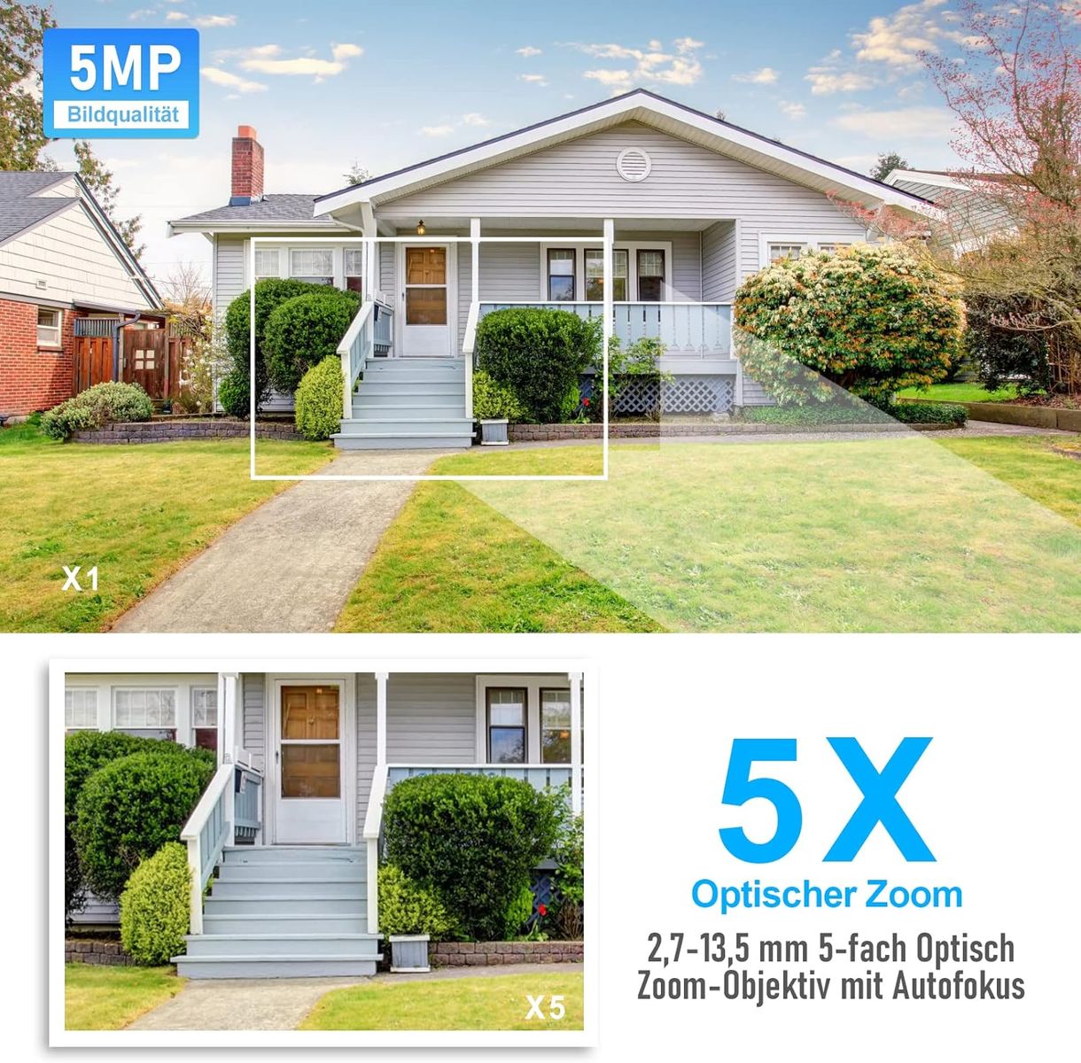 PTZ Security Camera - 5X Optischer Zoom Überwachungskamera Aussen WLAN, mit automatischer Verfolgung, 2-Wege Audio,50-80M Nachtsicht in Farbe, 355°/90° Schwenkbar, 128GB SD-Karten (P3-5X-5MPW Weiß)