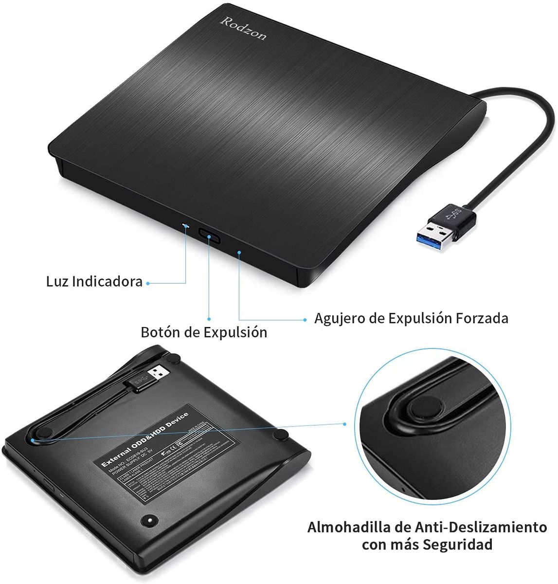 Rodzon External Usb 3.0 CD / DVD Recorder, Portable External DVD CD / DVD / DVD /-RW / ROM Stable with Reader / Burner / Re - Burner for Win 10 / 8 / 7 / XP / Vista / Linux / Mac OS Black