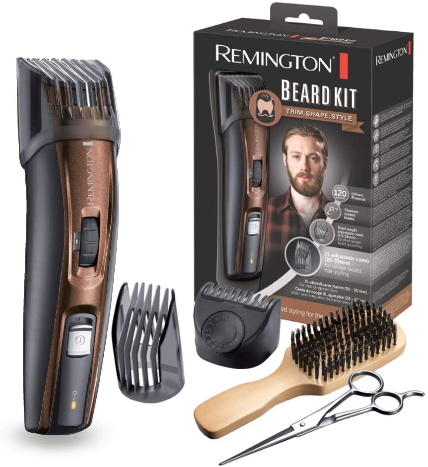 Remington beard trimmer men set (incl. XL comb for full beard), 3 attachment combs (stubble, short & XL comb), titanium coated self-sharpening blades, hair clipper, beard trimmer MB4046