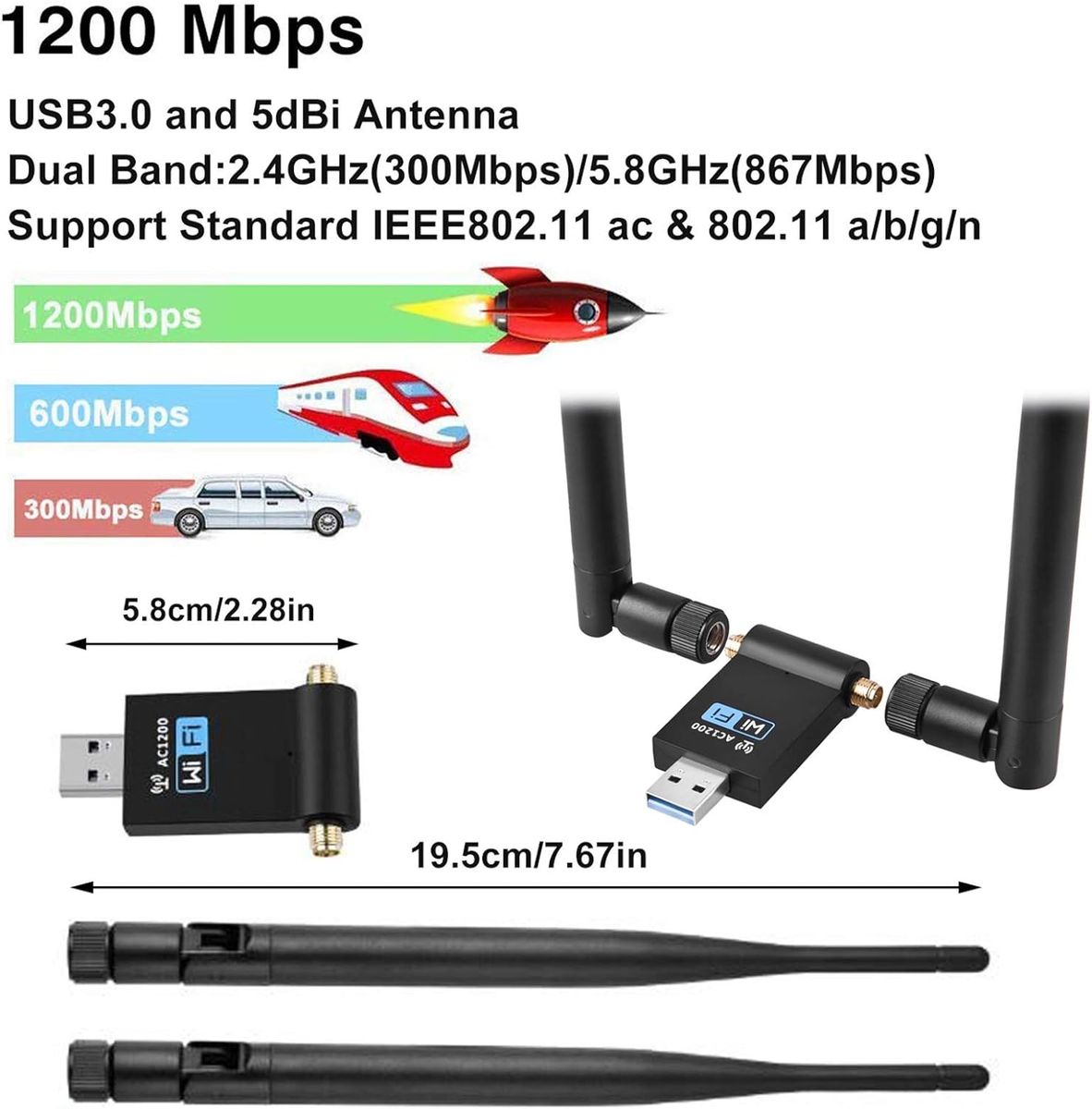 EasyULT WLAN Stick, USB 3.0 WLAN Adapter 1200Mbps WiFi Dongle Dualband 2.4/5.8 GHz Wireless Netzwerk Adapter mit 2 x 5dBi Antenne WiFi Empfänger für Windows/Mac OS/Linux/Desktop/PC/Laptop