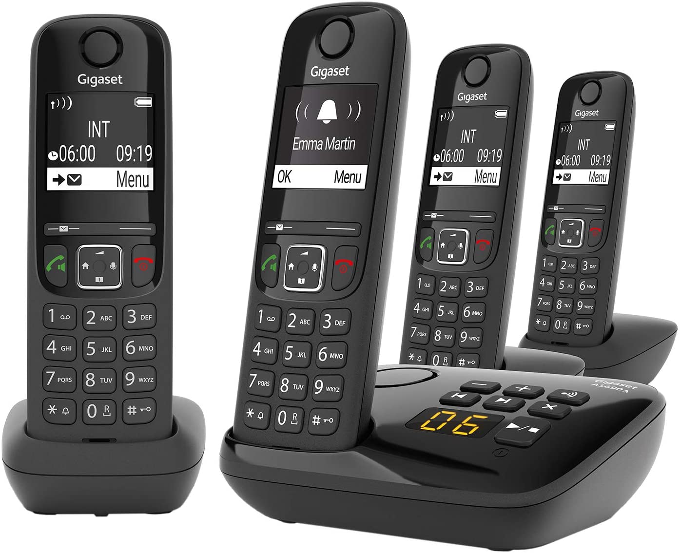 Gigaset 83167 AS690A Quattro 4 Schnurlose Telefone Anrufbeantworter -großes kontrastreiches Display -brillante Audioqualität -einstellbare Klangprofile -Freisprechfunktion -Anrufschutz,schwarz AS690A 4 Telefone AB