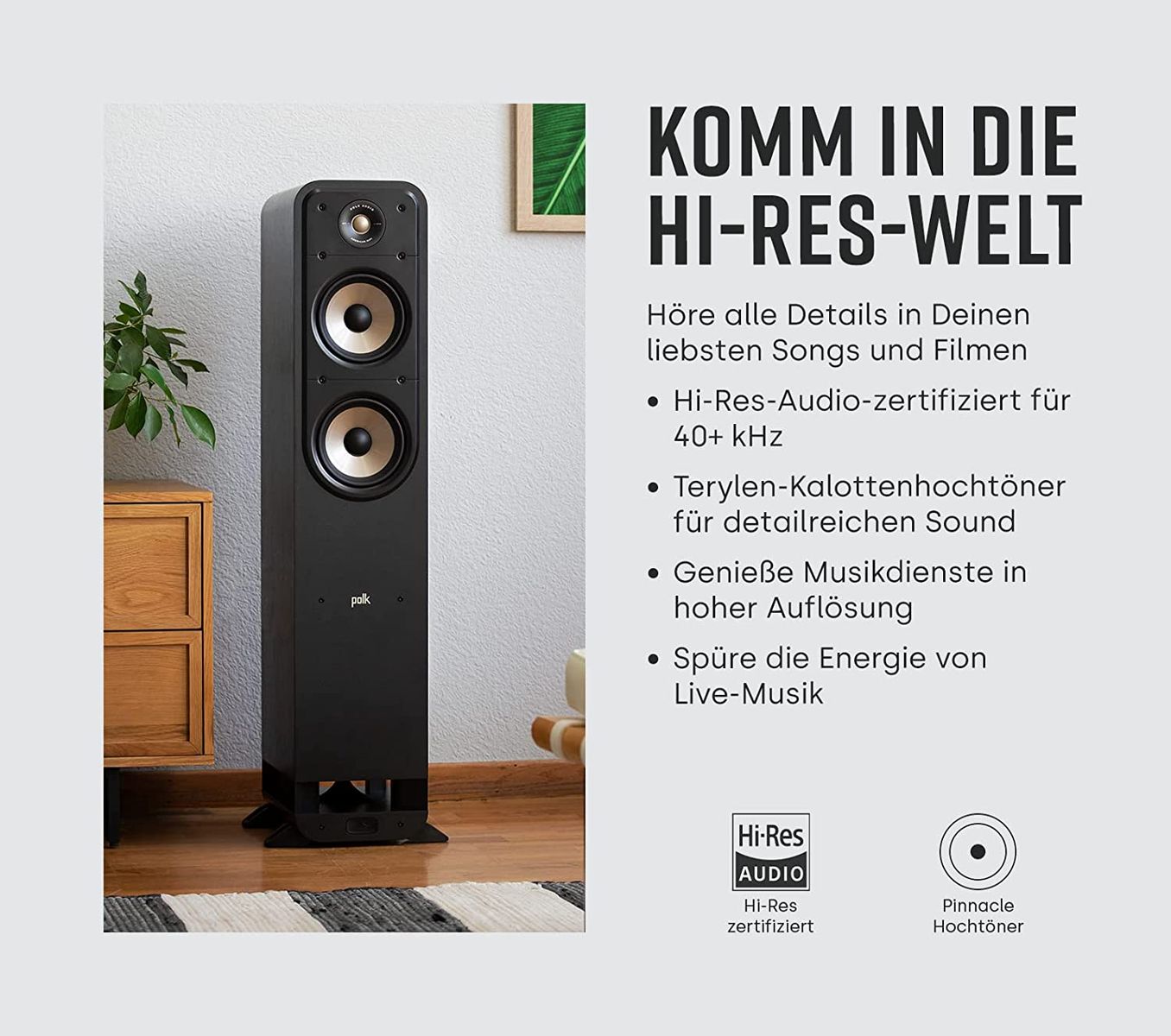 Polk Audio Signature Elite ES50 hochauflösender HiFi Standlautsprecher fürs Heimkino, Hi-Res zertifiziert, kompatibel mit Dolby Atmos und DTS:X 1 Stück, Weiß