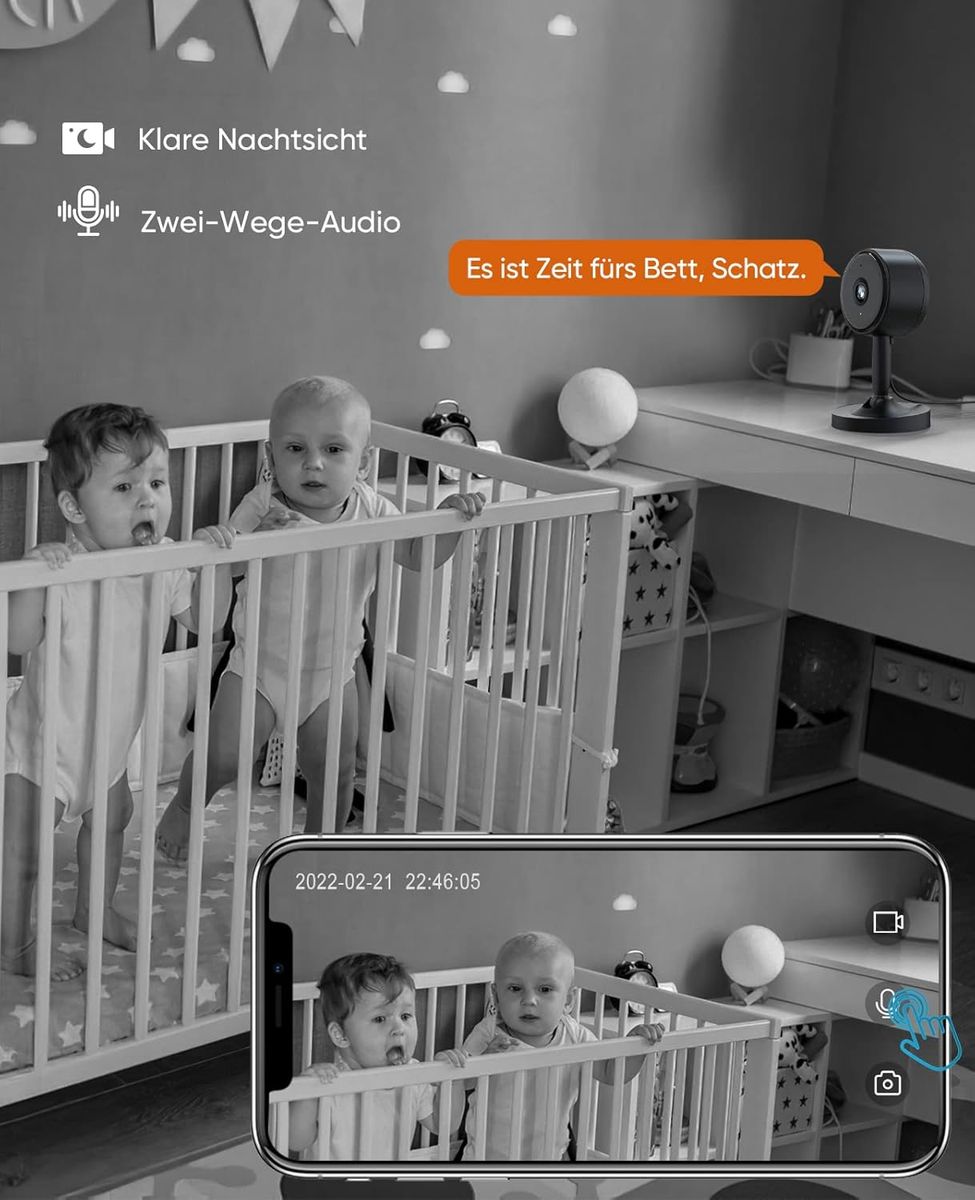 Rbcior 2 Pack Home Security Camera Indoor 1080P WiFi Wireless Camera, 130° Weitwinkel Haustier Kamera mit Nachtsicht, Bewegungserkennung, 2-Wege-Audio Nanny/Hund/Baby Monitor, kompatibel mit Alexa
