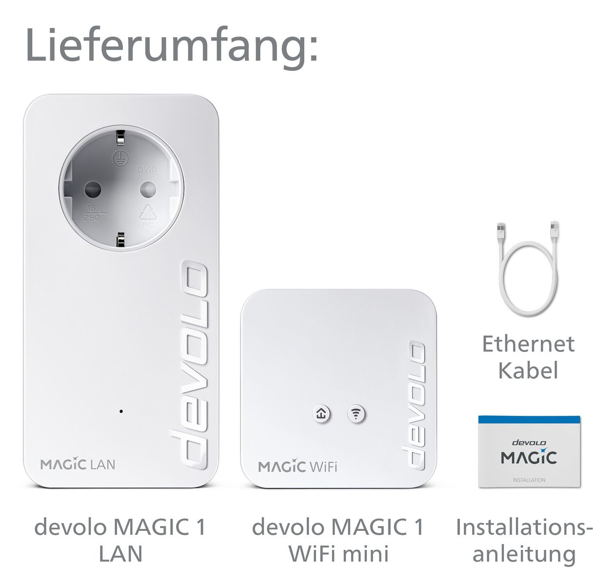 devolo Magic 1 WiFi mini Starter Kit, Powerline Mesh G.hn 1200 Mbit/s, Fast Ethernet, WLAN Wi‑Fi 4, Eingebaute Steckdose, Weiß, 2er-Set