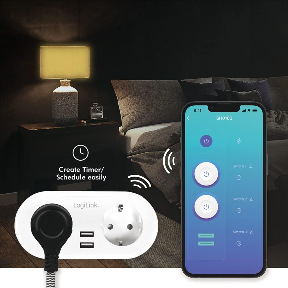 LogiLink SH0102 WLAN Smart Home Steckdosenleiste 2-fach (2x CEE 7/7) + 2x USB-A, App-steuerbar, Tuya-kompatibel, Alexa & Google Home, IP20