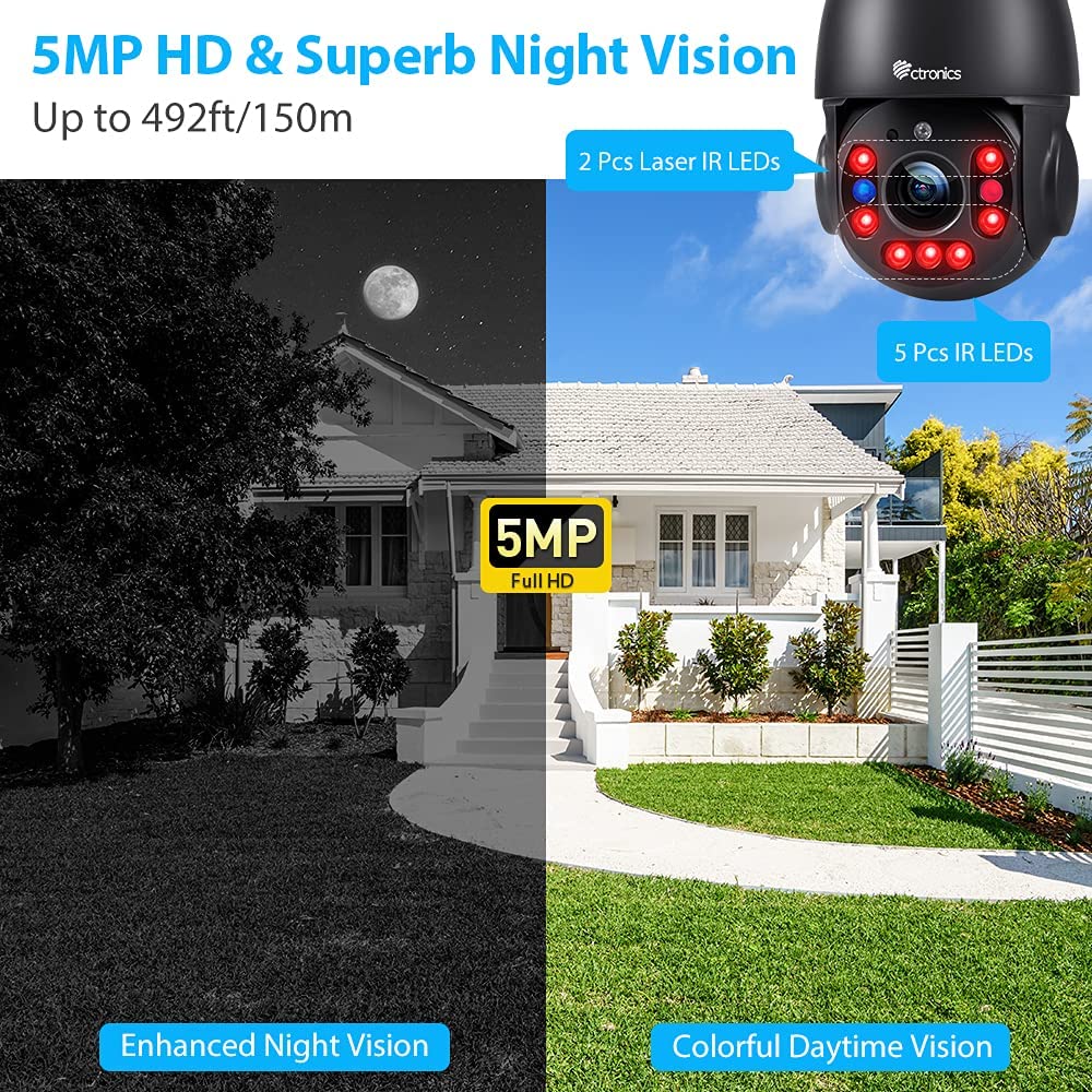 ctronics 30X Optischer Zoom 5MP PTZ Überwachungskamera Aussen WLAN Ctronics Dome IP Kamera Outdoor 150 m Nachtsicht Personenerkennung Automatische Verfolgung Unterstützt SD Karte IP66