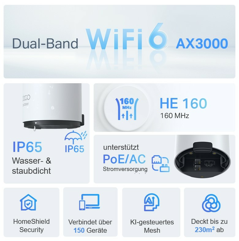 TP-Link Deco X50-Outdoor Mesh-System, Dual-Band Wi-Fi 6 (802.11ax), PoE, Outdoor, 1er Pack, Weiß, EU V1.0