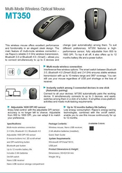 rapoo MT350 Optische 1.600 DPI 2.4GHz Wireless Ergonomische Multimodus Maus