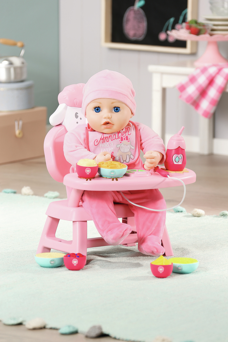 Zapf Creation 701911 Baby Annabell Lunch Time Tisch, Puppenzubehör, Puppenstuhl für Baby Annabell mit Licht- und Soundeffekten, 3 Hauptmahlzeiten, 3 Desserts, Flasche und Löffel.