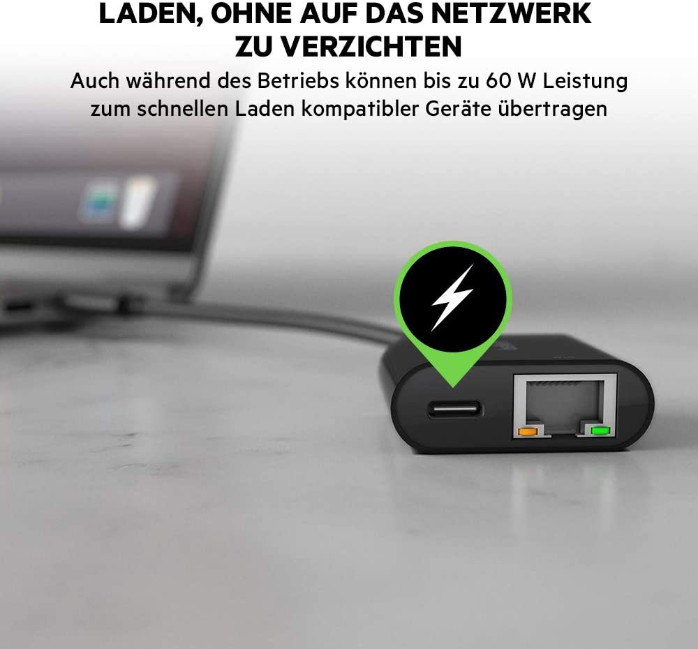 Belkin USB-C/Ethernet-Ladeadapter (60 W Leistung für angeschlossene Geräte, Ethernet-Datentransfer mit bis zu 1000 Mbit/s) MacBook Pro Ethernet-Adapter, INC001btBK 2 in 1