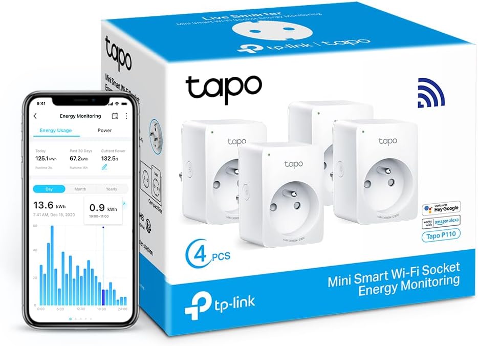 TP-LINK Tapo WLAN-Steckdose, Verbrauchsverfolgung, Plug-Type E, kompatibel mit Alexa und Google, Steuerung des Ventilators, der Klimaanlage, Energieeinsparung, Sprachsteuerung