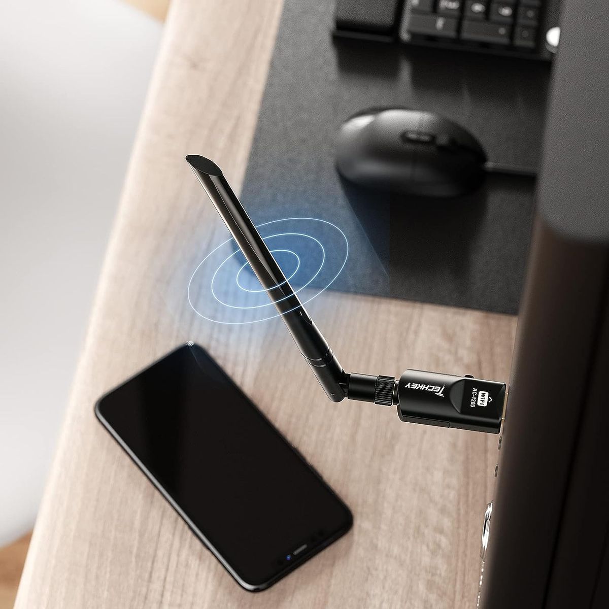 Techkey WLAN Stick 1200 Mbit/s, Techkey USB 3.0 WLAN Adapter 802.11 AC Dualband WiFi Adapter 2,42 GHz / 300 Mbit/s 5,8 GHz / 866 Mbit/s 5dBi High Gain-Antenne für Windows 11-7 / XP / Vista / Mac OS 10.9-10.15 Schwarz