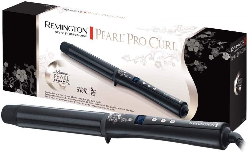 Remington curling iron Pearl CI9532, 32 mm for large curls, LCD display, high-quality ceramic coating with real pearls, black curling iron 32mm