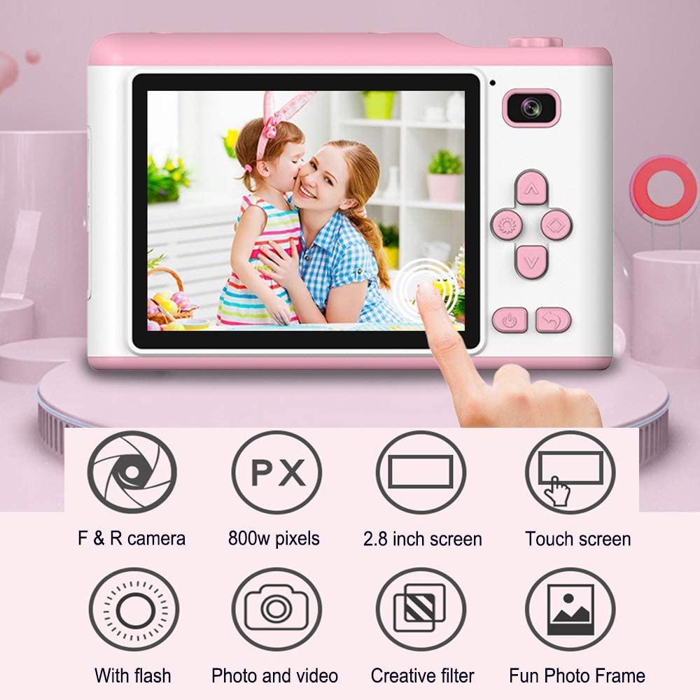 PTHTECHUS Kinder Kamera, Kinderkamera Digital Fotokamera Selfie, 2.8 Zoll Touchscreen Digitalkamera 8M Pixel, mit Blitzlicht, Junge Mädchen Kamera 16G SD-Karte, Geburtstag Weihnachten Geschenk