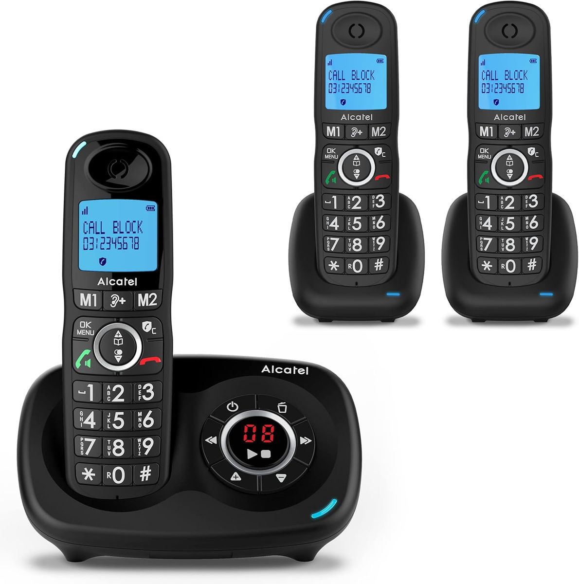 Alcatel XL595 Voice Trio schnurloses Großtastentelefon mit DREI Mobilteilen und Anrufbeantworter extra großes Festnetztelefon für zuhause mit Anrufschutz