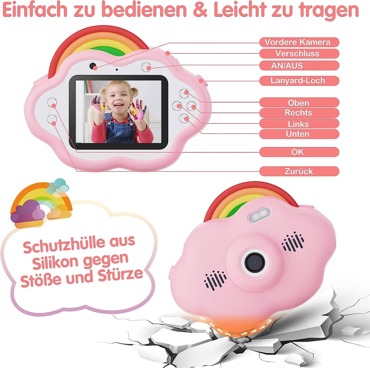 Selvim Kinderkamera [Duale Linse Selfie], 2,4 40MP Digitalkamera Kinder, 1080P HD Kamera Kinder mit 32GB TF-Karte, Geburtstagsgeschenk für Jungen Mädchen von 3-12 Jahre Rosa