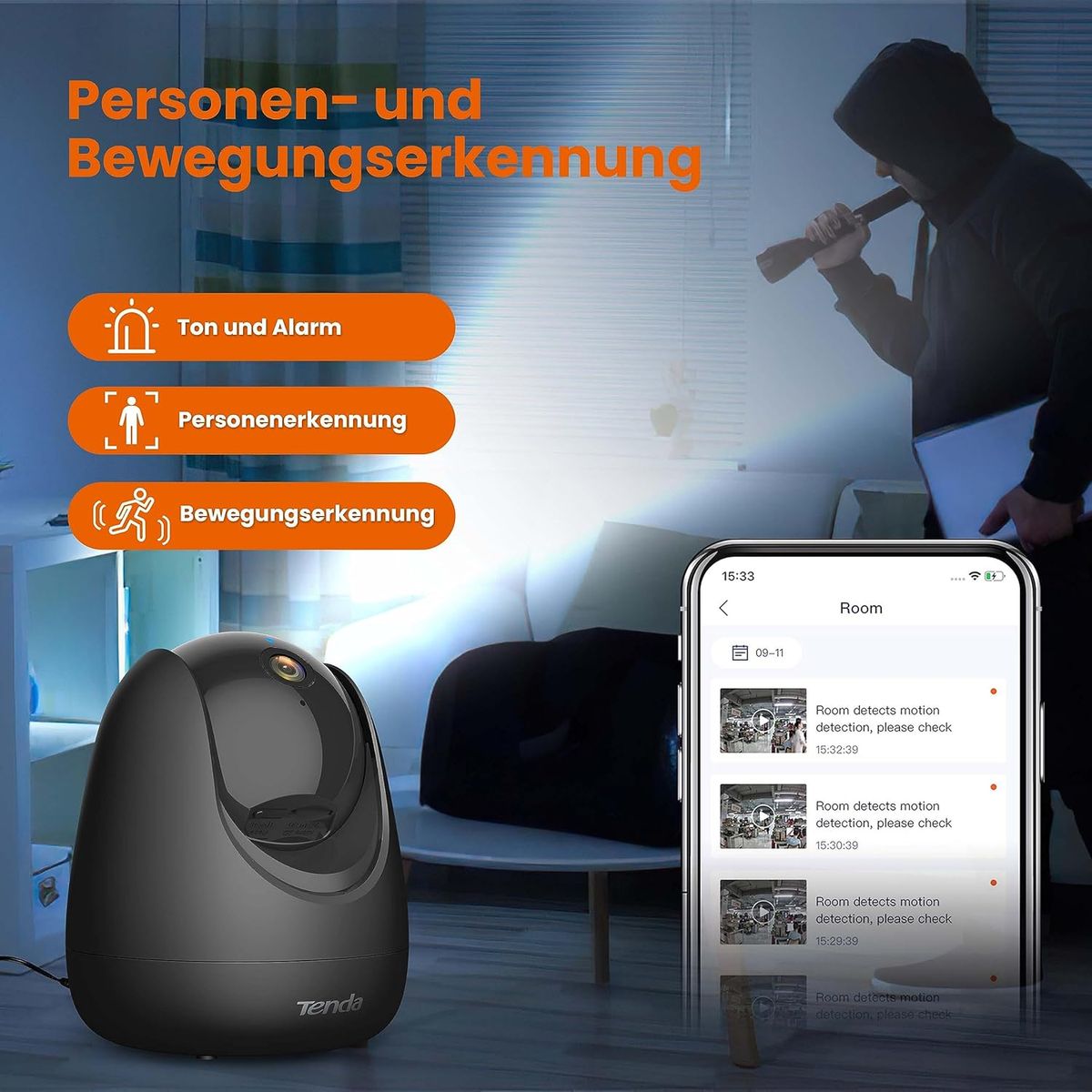 Tenda Überwachungskamera Innen CP3 V2.2, 360 Grad WLAN IP Kamera, 2-Wege-Audio, 1080P, Nachtsicht, Ton & Licht Alarm, Bewegungsverfolgung, Haustierkamera für Hund/Katze, Baby Kamera, Alexa, Schwarz CP3 Schwarz