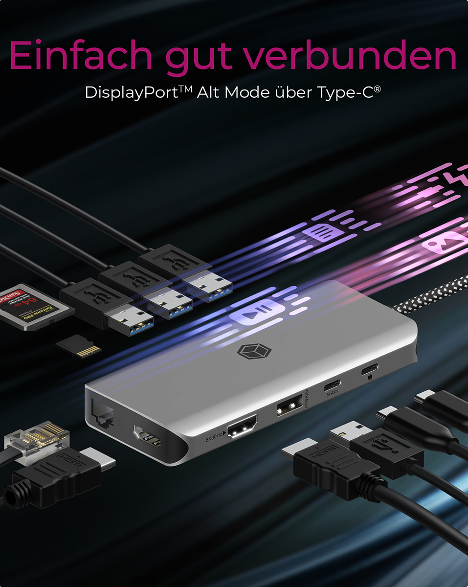 ICY BOX IB-DK4061-CPD 12-in-1 USB Type-C Notebook-Dockingstation, 2x HDMI, DisplayPort Alt Mode 8K/4K, USB PD 100 W, Gbit LAN, SD/microSD, Headset 3,5 mm