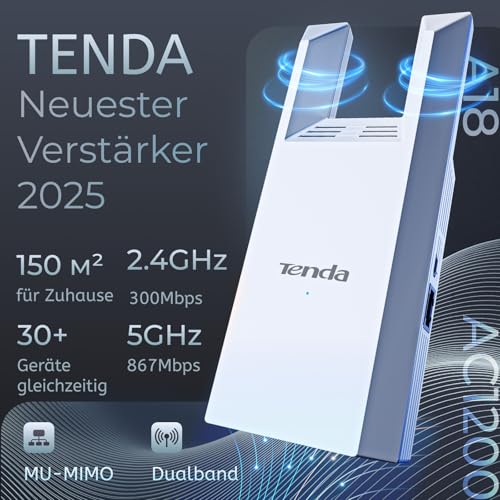 Tenda A18 V4.0 WLAN-Repeater Dualband AC1200, 867 Mbit/s 5 GHz + 300 Mbit/s 2,4 GHz, kompatibel mit FritzBox, Abdeckung 150 m², App-Steuerung, AP-Modus