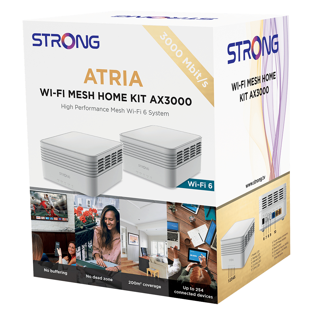 Strong MESHKITAX3000 Mesh-WLAN-System, Dual-Band Wi-Fi 6 (802.11ax) 2976 Mbit/s, 350 m² Abdeckung, 4x interne Antennen, 2x LAN, Weiß