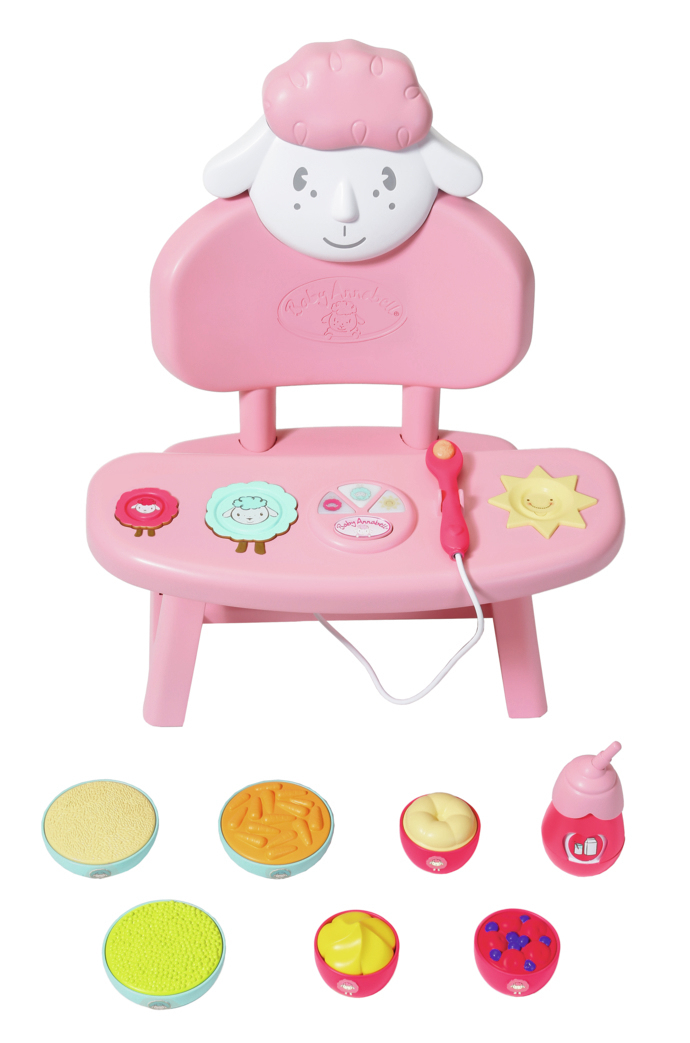 Zapf Creation 701911 Baby Annabell Lunch Time Tisch, Puppenzubehör, Puppenstuhl für Baby Annabell mit Licht- und Soundeffekten, 3 Hauptmahlzeiten, 3 Desserts, Flasche und Löffel.