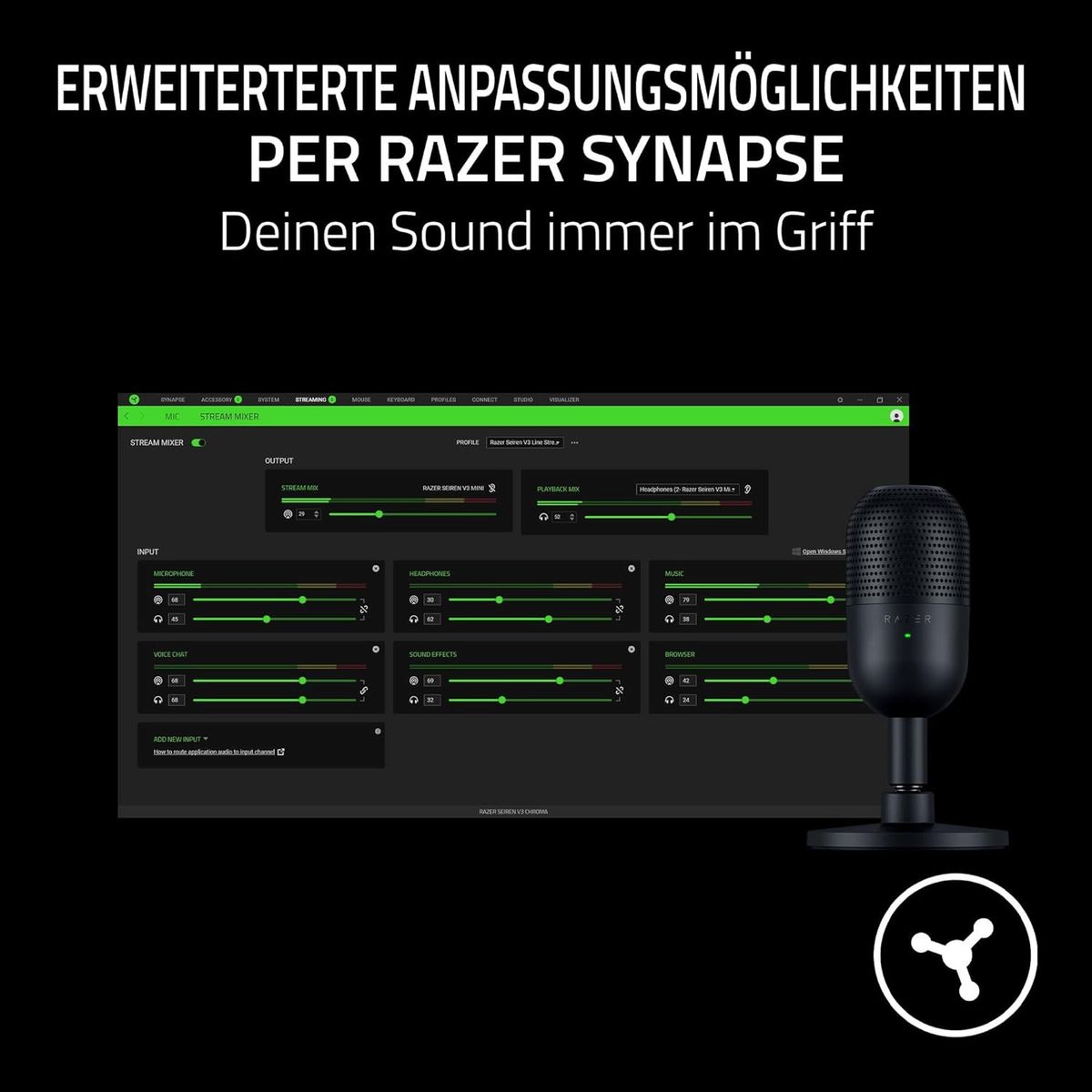 Razer Seiren V3 Mini - Ultrakompaktes USB-Mikrofon (14mm Supernieren Kondensatormikrofon, Tap-to-Mute-Sensor mit LED-Anzeige, integrierter Stoßdämpfer, Plug-and-Play Design) Schwarz