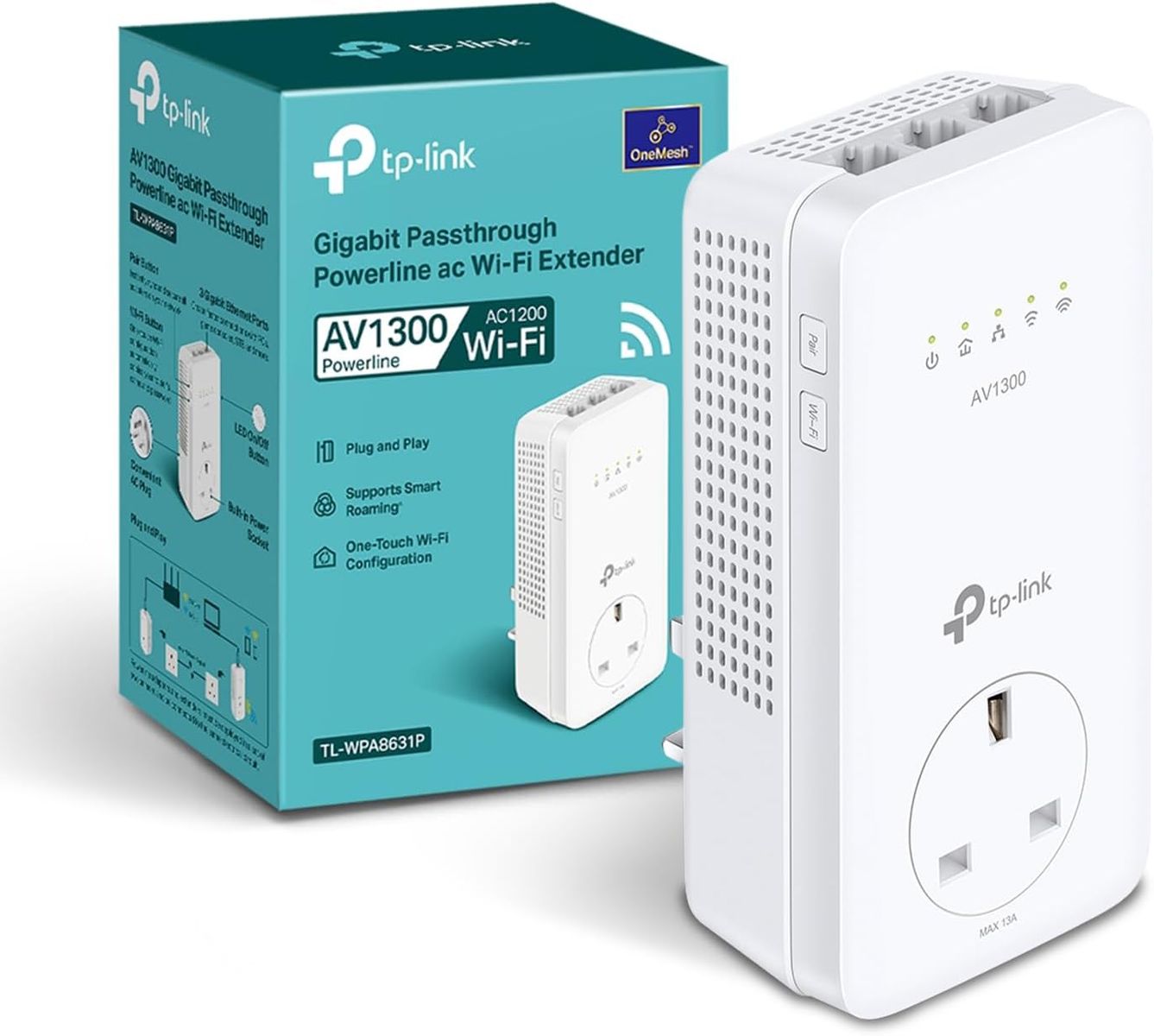 TP-Link TL-WPA8631P(UK) 3.0 Powerline WLAN-Adapter 1300 Mbit/s, Gigabit Ethernet, Eingebaute Steckdose, Weiß, UK-Stecker