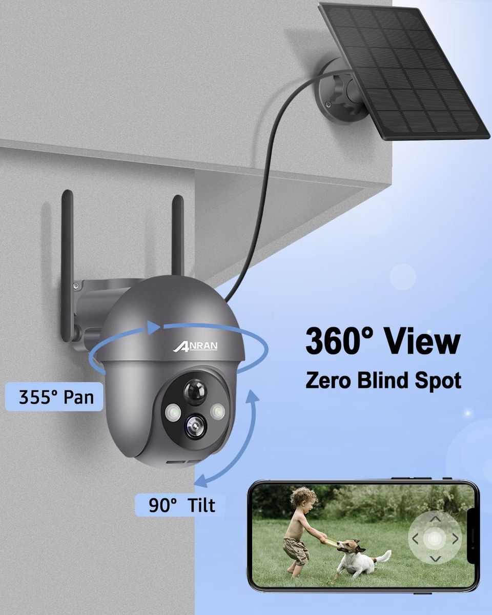 ANRAN 2K Überwachungskamera Aussen Akku WLAN, 360 Grad Schwenkbare Kabellose Überwachungskamera mit Solarpanel, PIR Bewegungsmelder mit Flutlicht, 2-Wege-Audio, Nachtsicht, 2,4GHz WLAN, Q01 Grau