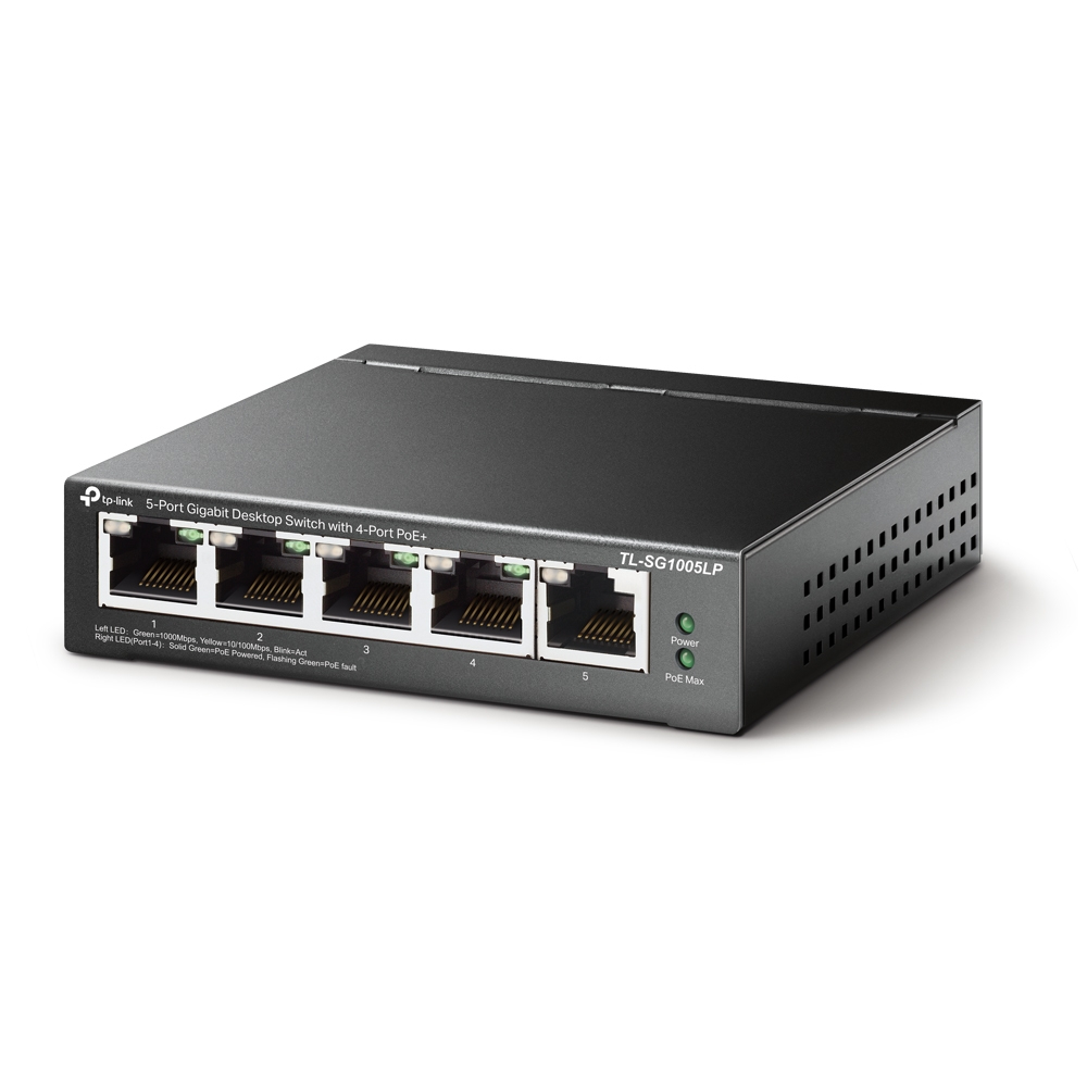 TP-Link TL-SG1005LP V3.0 5-Port Gigabit Desktop Switch, 4x PoE+ (40 W), Unmanaged, DC/PoE-Netzteil, QoS, Metallgehäuse, Wandmontage, EU