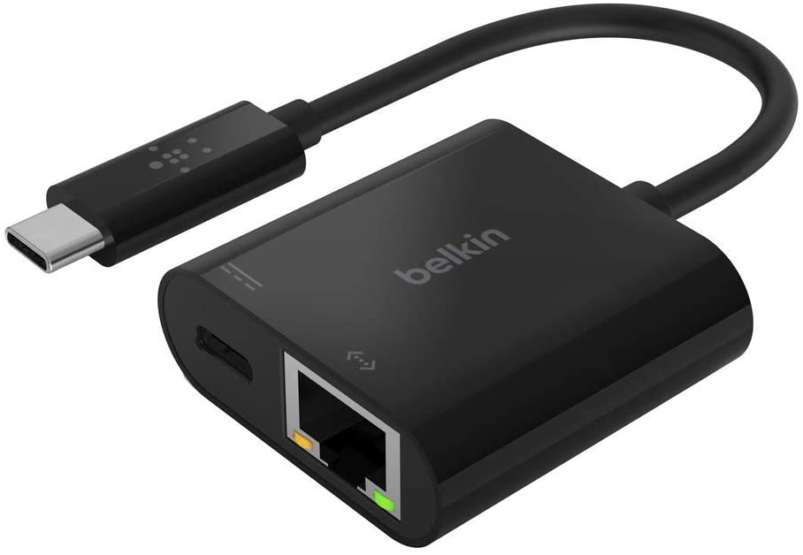Belkin USB-C/Ethernet-Ladeadapter (60 W Leistung für angeschlossene Geräte, Ethernet-Datentransfer mit bis zu 1000 Mbit/s) MacBook Pro Ethernet-Adapter, INC001btBK 2 in 1
