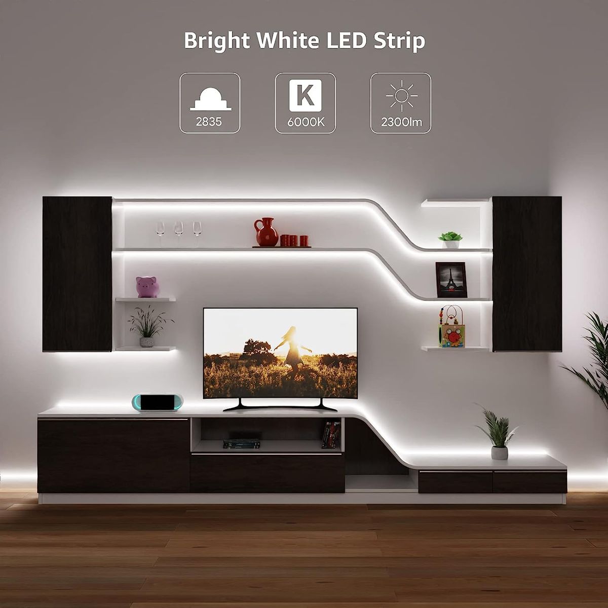 Lepro LED Strip Kaltweiß 5M, LED Streifen Kaltweiss 6000K Dimmbar, 300 LEDs,  12V Selbstklebend, IP20 LED Band, Weiß Flexible DIY Leiste, LED Lichtband  Kette mit Netzteil für Innen Küche Dekoration : 