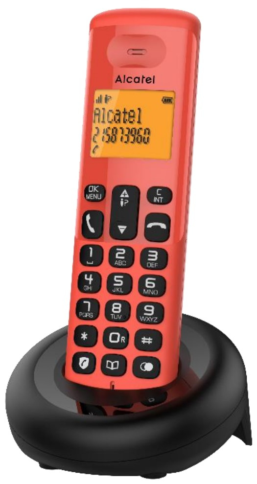 Alcatel E160 DECT Schnurlos-Telefon, Anrufer-Identifikation, 50 Einträge, NiMH-Akku 300 mAh, 10 h Gesprächszeit, Tischgerät, Schwarz/Rot