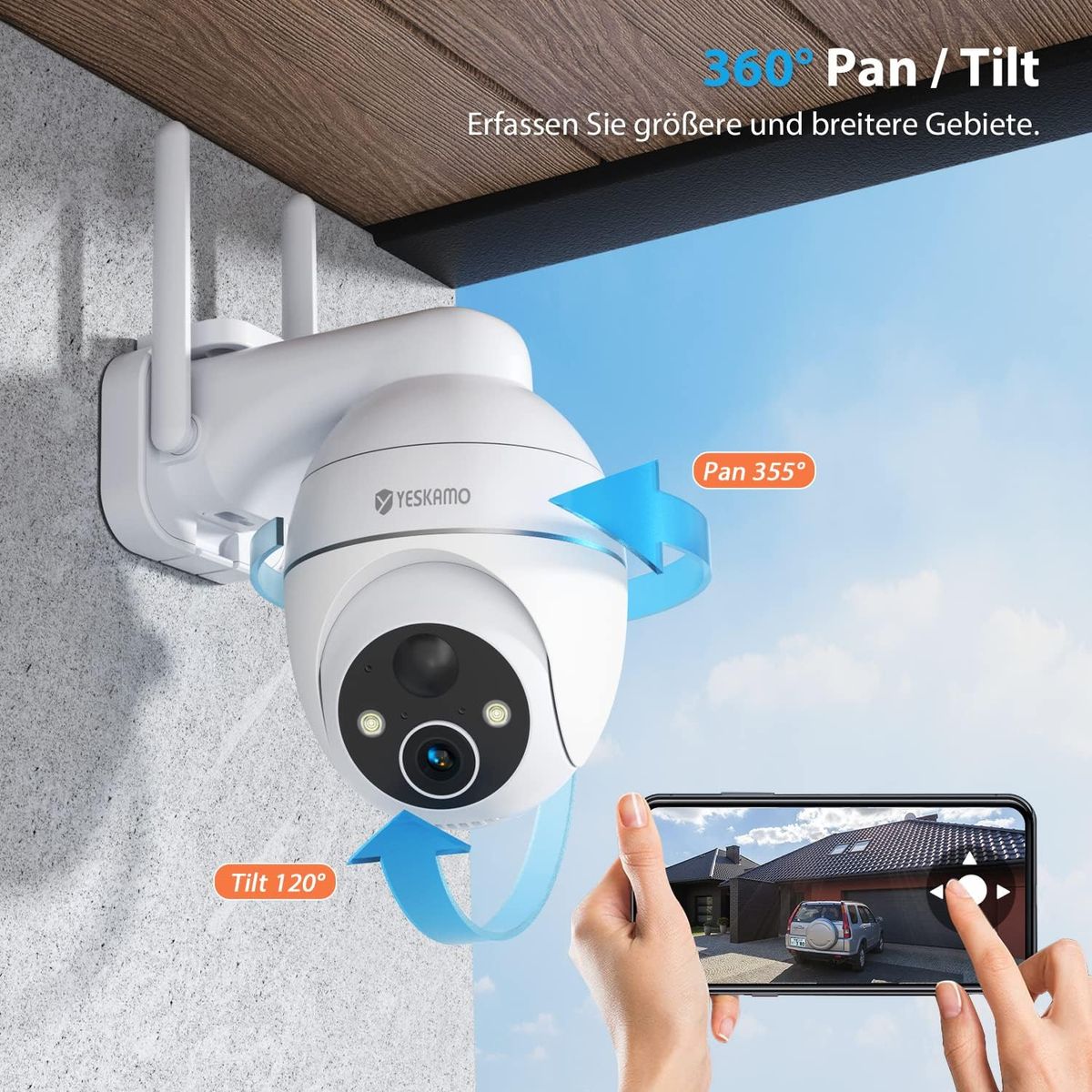 YESKAMO 360° Wireless Outdoor Solar PTZ IP Camera PIR Motion Detection Night Vision Colour Waterproof IP65 Two-Way Audio Alarm Siren