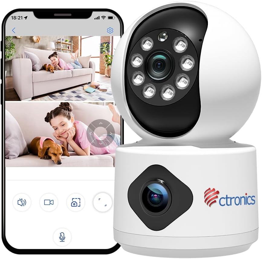 Ctronics Überwachungskamera Innen mit Dual-Objektiv, 360° PTZ Dual Kamera Indoor WLAN mit Duale Ansicht, Menschen-/Bewegungserkennung, Automatische Verfolgung, IR-Nachtsicht, 2.4GHz WiFi, 2-Wege-Audio