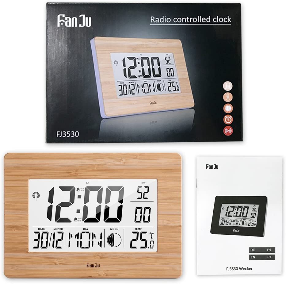 FanJu FJ3530 Digital Wecker Funk Batteriebetriebener Groß Tischuhr mit Extra Großem Display | Innentemperatur | Mondphase | Schlummerfunktion | Calendar Wecker für Zu Hause.