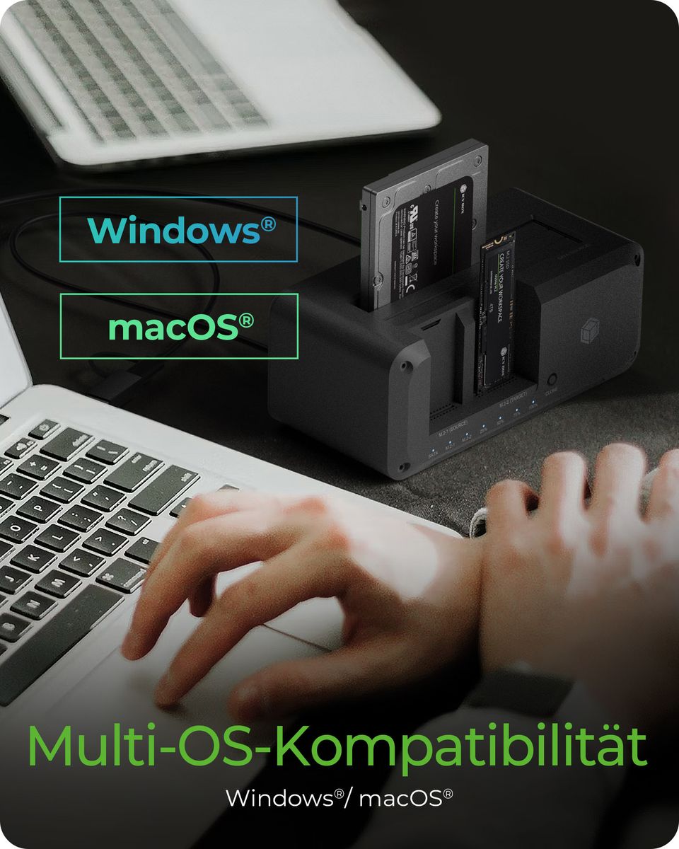 ICY BOX IB-2924MSCL-C31 Dockingstation & CloneStation, 3x HDD/SSD/M.2 NVMe, klont 2,5/3,5" zu M.2 NVMe, USB 3.2 Gen 2 10 Gbit/s, SATA/M.2, schwarz, EU