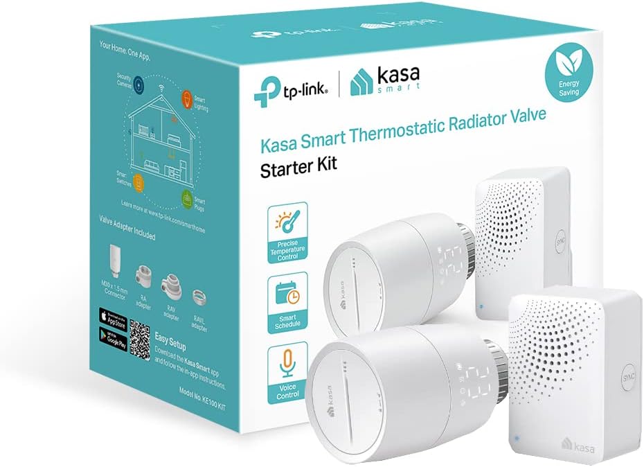 TP-Link Kasa Smartes Heizkörperthermostat-Starter-Set, intelligentes Heizkörperventil, energiesparend, LED-Display, intelligenter Zeitplan, funktioniert mit Alexa und Google Home, Keine Brücke