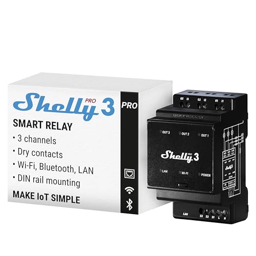 Shelly Pro 3 3-Kanal 3-Phasen DIN-Schienen-Relais, 48 A (16 A/Kanal), WLAN & LAN, iOS & Android App, Alexa & Google Home, Hausautomation, Licht- & Motorsteuerung