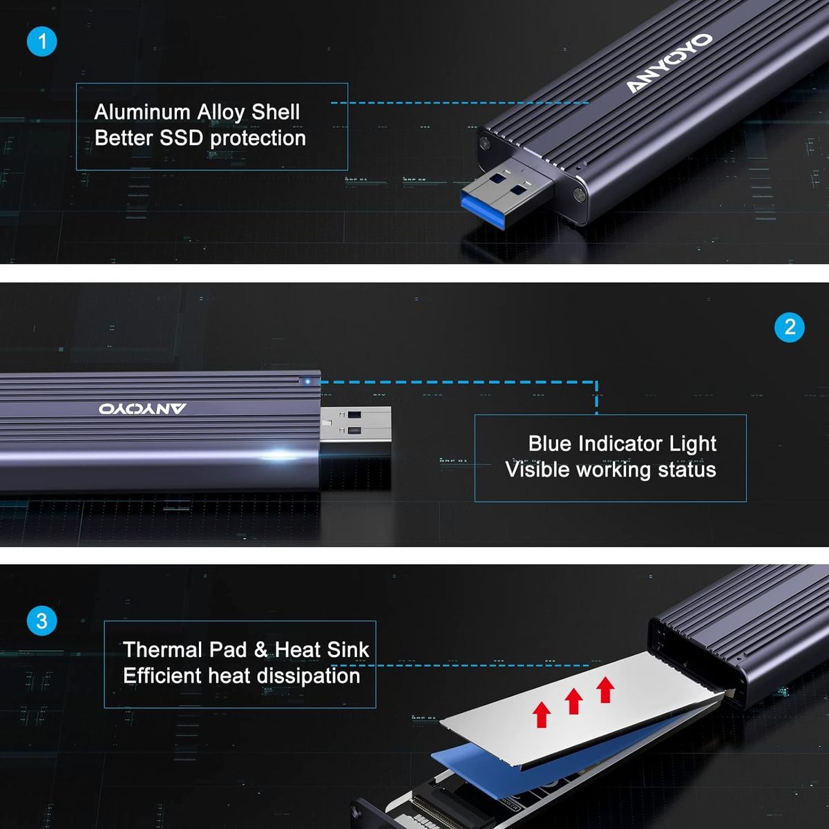 ANYOYO M.2 NVME SATA SSD Gehäuse, USB 3.2 Gen 2 10Gbps Solid State Drive Gehäuse für 2242 2260 2280 M.2 NVME/SATA SSD mit M-Key oder M+B Key (Support UASP, Plug and Play)