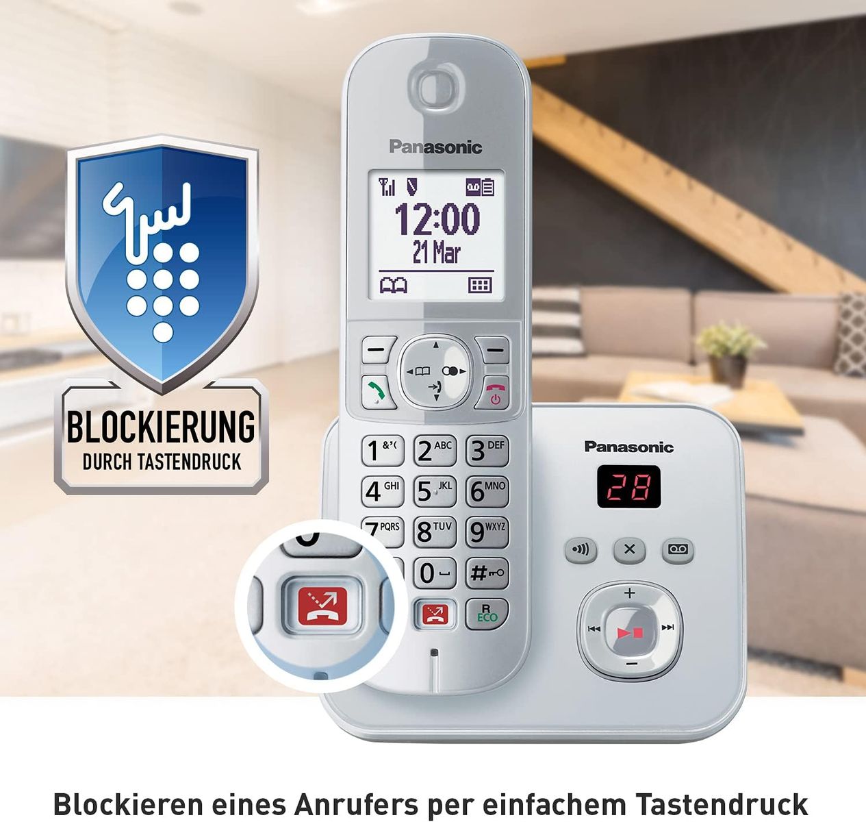 Panasonic KX-TG6863GS Schnurlostelefon mit 3 Mobilteilen, Anrufbeantworter, bis zu 1.000 Rufnummern sperren, große Tasten, Voll-Duplex-Freisprechen, Silber