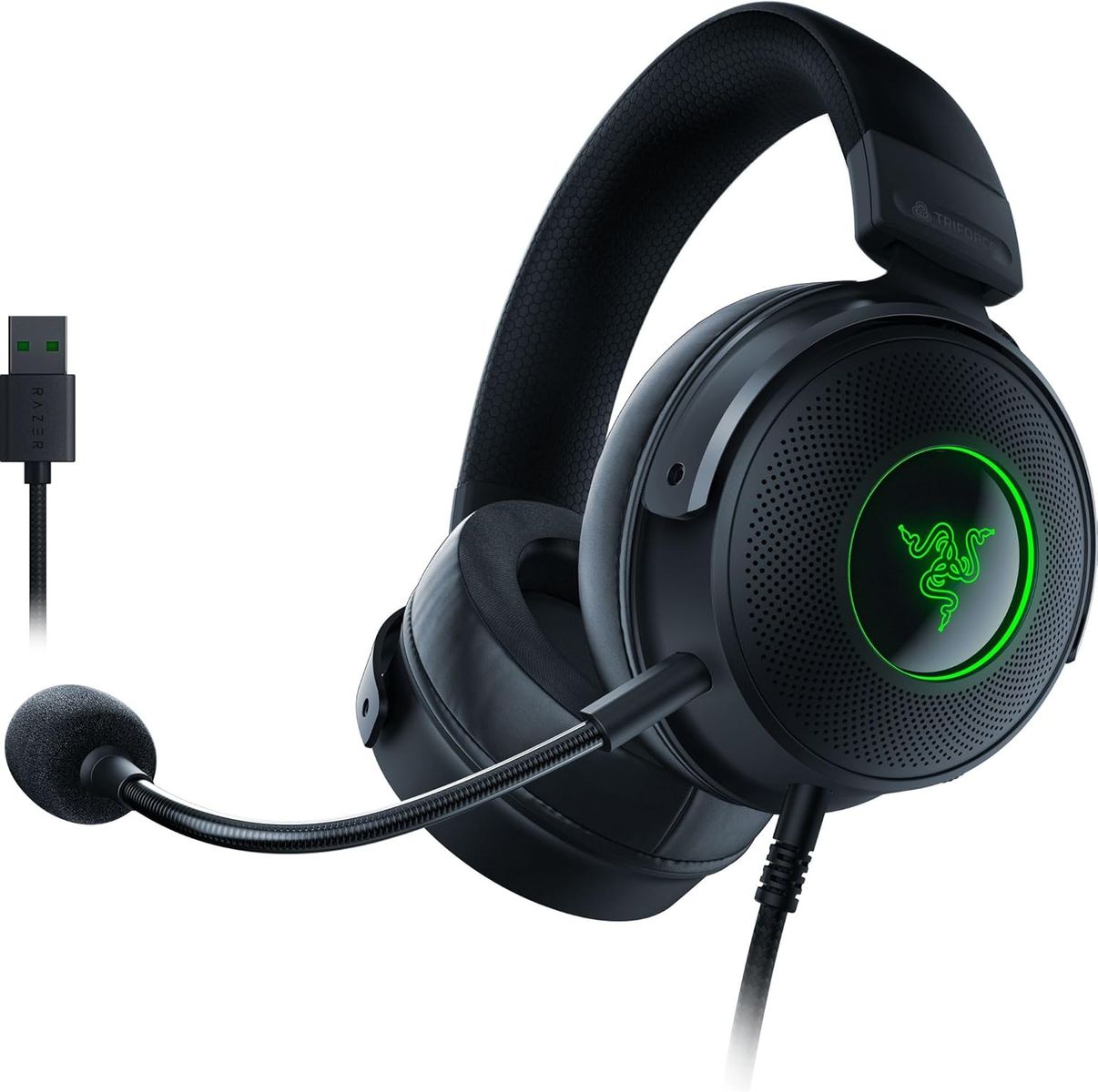 Razer Kraken V3 Kabelgebundenes USB Gaming Headset: Triforce Titanium 50mm Drivers - THX Spatial Audio - Chroma RGB Lighting - Hybrid Fabric & Leatherette Memory Foam Cushions - Detachable HyperClear Mic Black