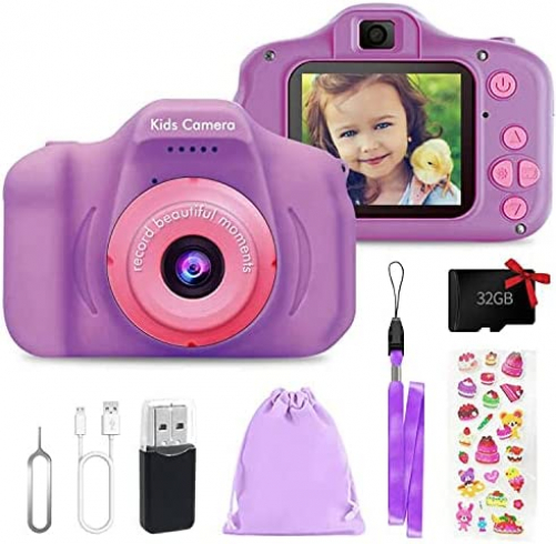 YOKISS Kinderkamera, Kamera Kinder für 3 bis 12 Jahre Alter Jungen und Mädchen, 2,0 Zoll Digitalkamera Kinder, 1080P HD/32G TF-Karte, Fotoapparat Kinder Geburtstag - Violett purple