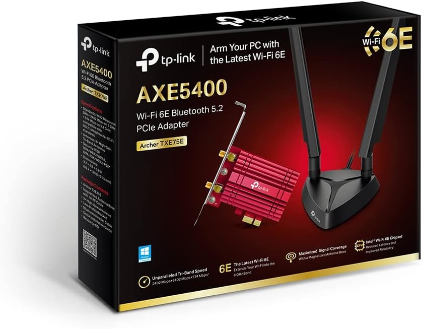 TP-Link Archer TXE75E Wi-Fi 6E WLAN PCIe Netzwerkkarte mit Bluetooth 5.2, 5400 Mbps, WPA3, Inter Chipsatz mit 2 abnehmbaren Antennen, Win 11/10 AXE5400 Wi-Fi 6E + Base
