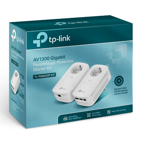 TP-Link AV1300 Gigabit Passthrough Powerline Starter Kit Bridge GigE HomePlug AV HPAV 2.0 IEEE 1901 Wandanschluss TL-PA8033P KIT