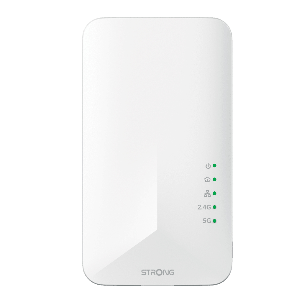 STRONG POWERL1000WFDUOEUV2 Powerline Adapter 1000 Mbit/s (HomePlug AV2) mit WLAN Wi‑Fi 5, Gigabit Ethernet, Eingebaute Steckdose, 2er-Pack, Weiß
