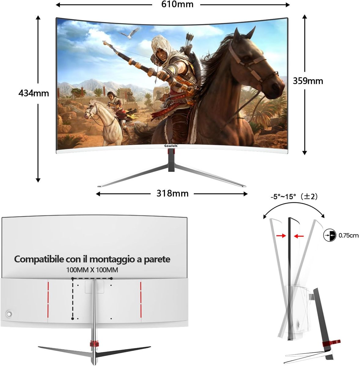 Gawfolk 27-Zoll 180Hz Curved Gaming Computer Monitor, 1800R, FHD 1080P, 98% sRGB, 1ms, FreeSync, 178° Weitwinkel, HDR, VESA100*100MM,HDMI/DisplayPort-weiß