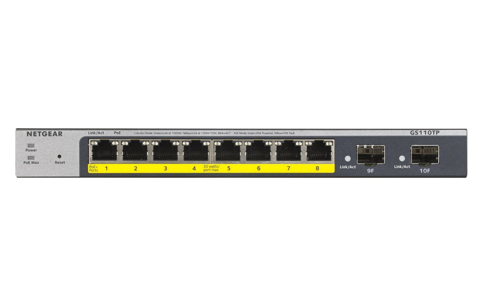 NETGEAR GS110TP-300EUS Managed 8-Port Gigabit PoE+ Switch, 8x PoE+ (bis 30 W), 2x SFP, 69,5 W Gesamt, Grau